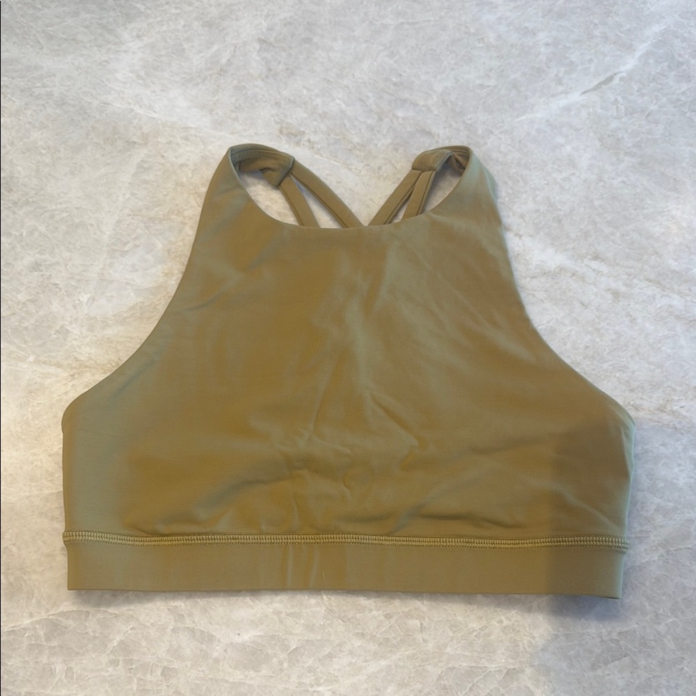 Lululemon Olive Green High Neck Sports Bra with Racerback Design